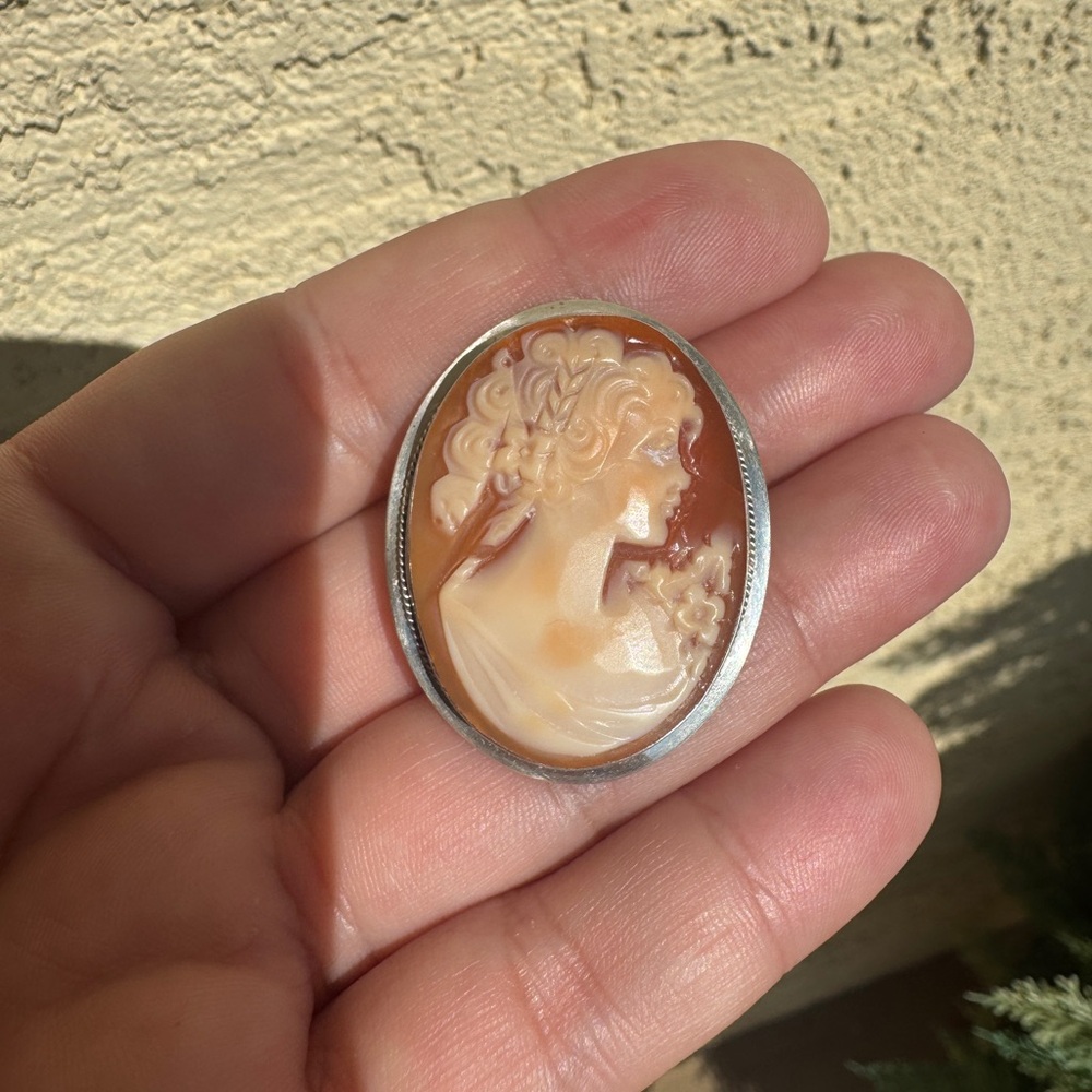 Elegant Cameo Brooch in Silver and Cream